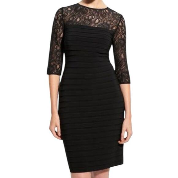 NEW ADRIANNA PAPELL Lace Sleeve Shutter Pleated Sheath Dress Size 14 Black - Picture 1 of 6